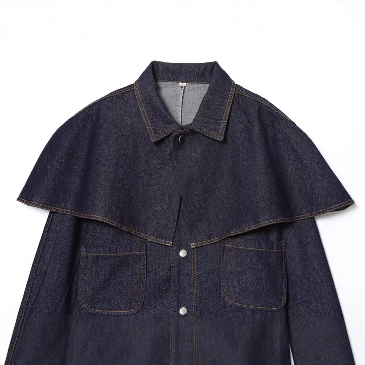 Women's Short Jeans Jacket with Cape Insert, Flap Pockets and Snap Buttons Mune Fashion