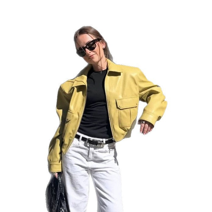 Women's short boxy faux leather jacket with patch pockets and zip Mune Fashion