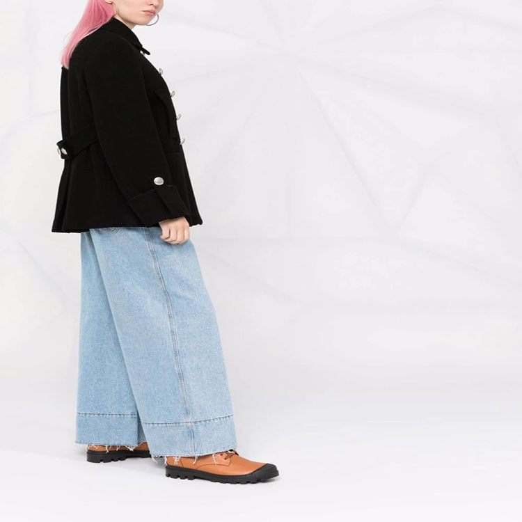 Women's Short Boxy Wool Blend Coat in Military Look with Decorative Round Buttons Mune Fashion