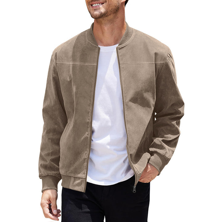Men's faux suede bomber jacket with stand-up collar, ribbed cuffs, and concealed zipper Mune Fashion