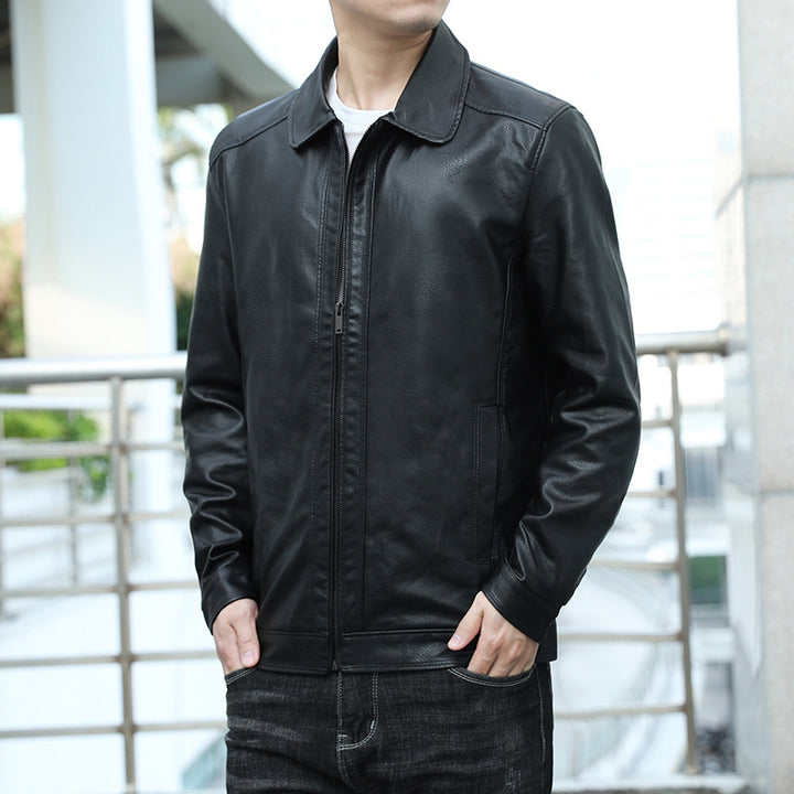 Men's Genuine Leather Blouson with Shirt Collar, Slim Fit and Concealed Zipper Mune Fashion