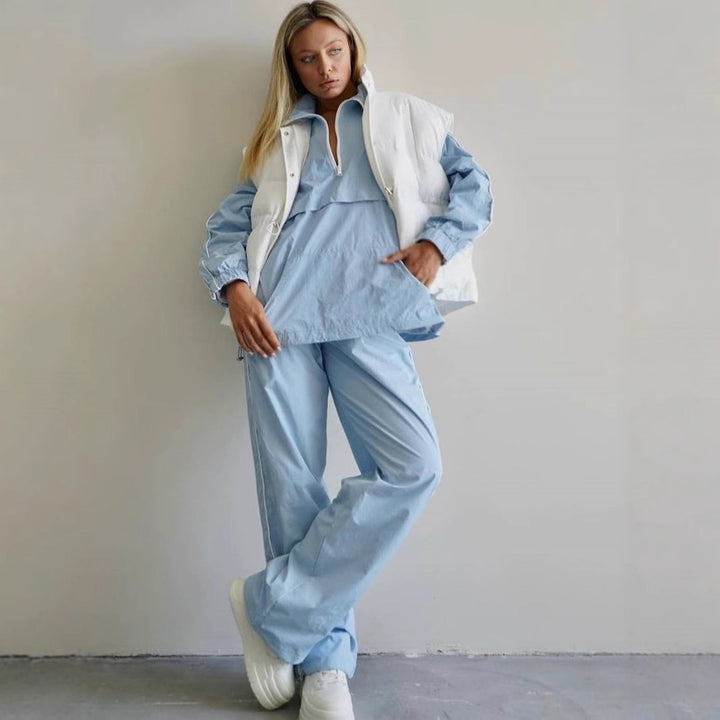 Ladies Oversized Windbreaker Half-Zip Anorak with Kangaroo Pocket and Piping Mune Fashion