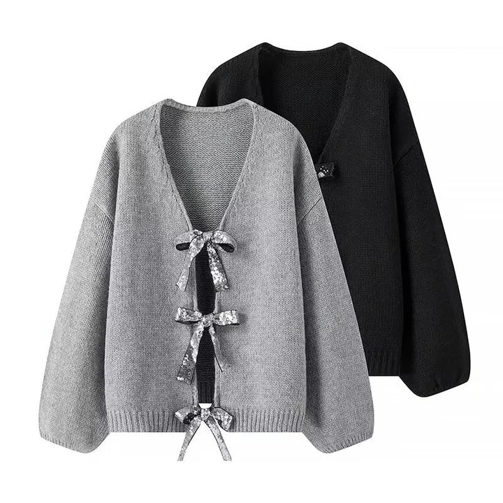 Women nan Oversize knit cardigan with deep V-neck and decorative sequin bows Mune Fashion