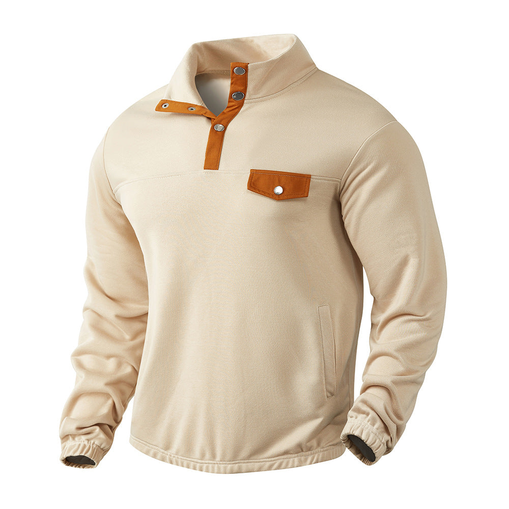 Men's Stand Collar Henley Sweatshirt with Snap Placket and Patch Chest Pocket Mune Fashion