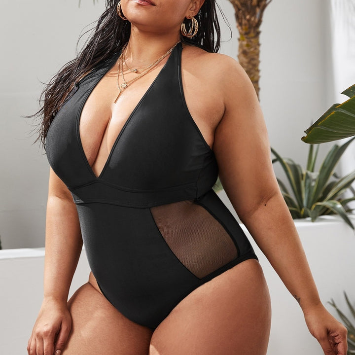 Women's One-Piece Swimsuit with Deep V-Neck and Transparent Inserts Mune Fashion