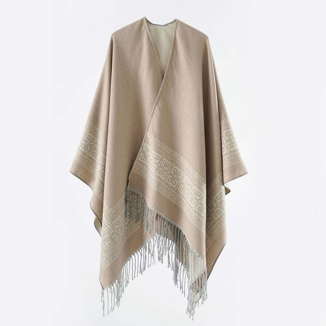 Women's Reversible Wool Blend Kimono Style Wrap with Ornamental Border and Decorative Fringes