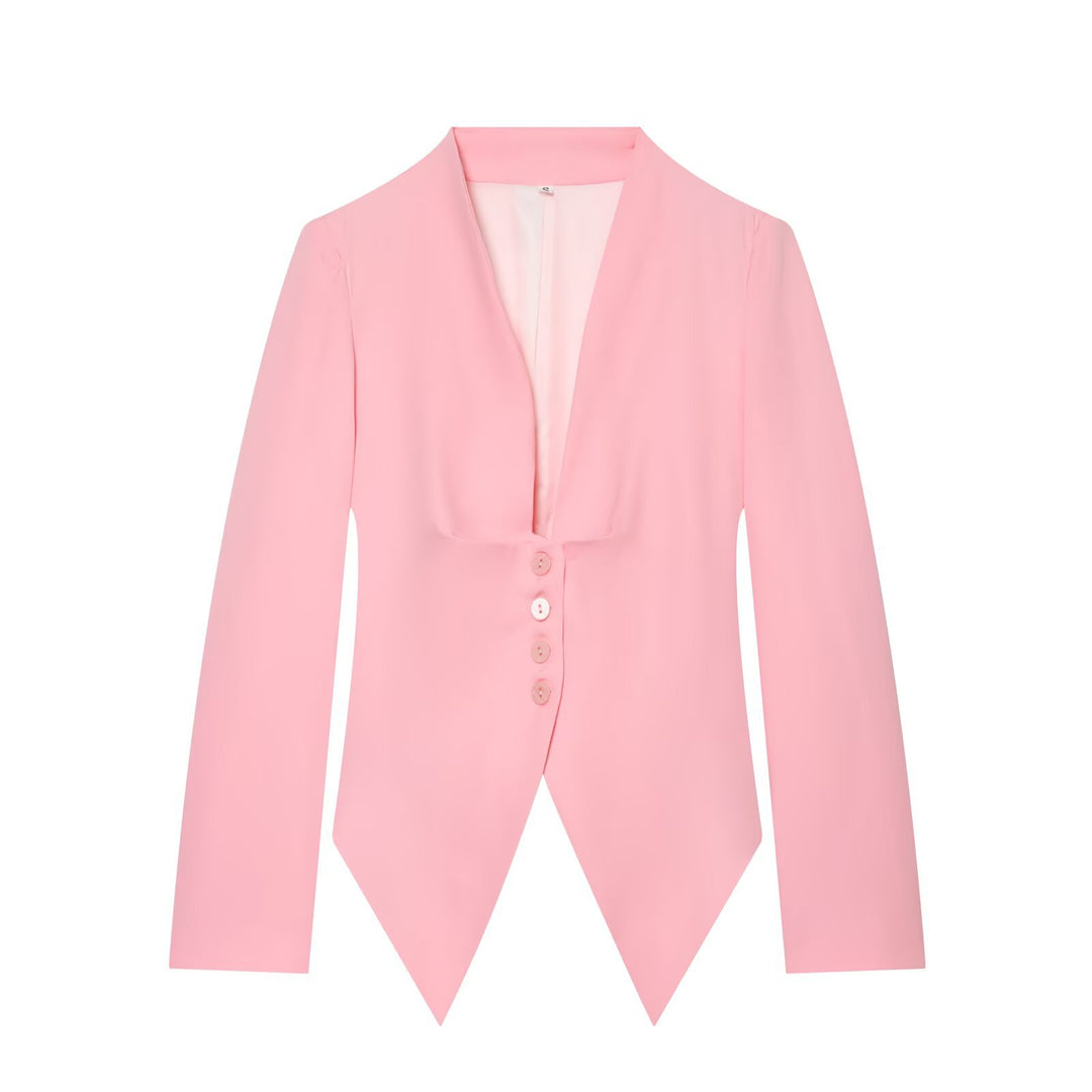 Women's Tailored Cropped Blazer with Pointed Hem and Deep V-Neck Mune Fashion