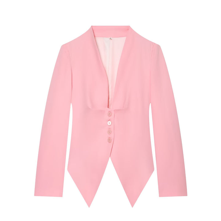 Women's Tailored Cropped Blazer with Pointed Hem and Deep V-Neck Mune Fashion