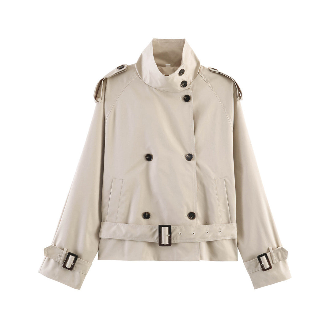 Women's Short Double-Breasted Waist Belt Trench Coat with High Funnel Collar and Shoulder Straps Mune Fashion