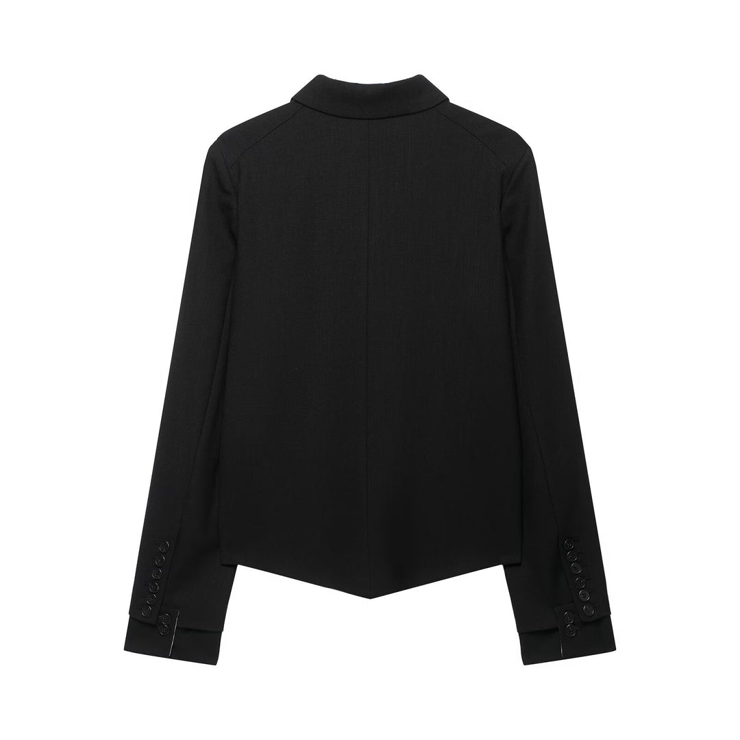 Women Short Fitted Blazer with Asymmetrical Hem and Continuous Button Placket Drune