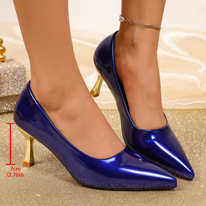 Women's High Gloss Pumps with Pointed Cap and Geometric Sculptural Gold Heel Mune Fashion