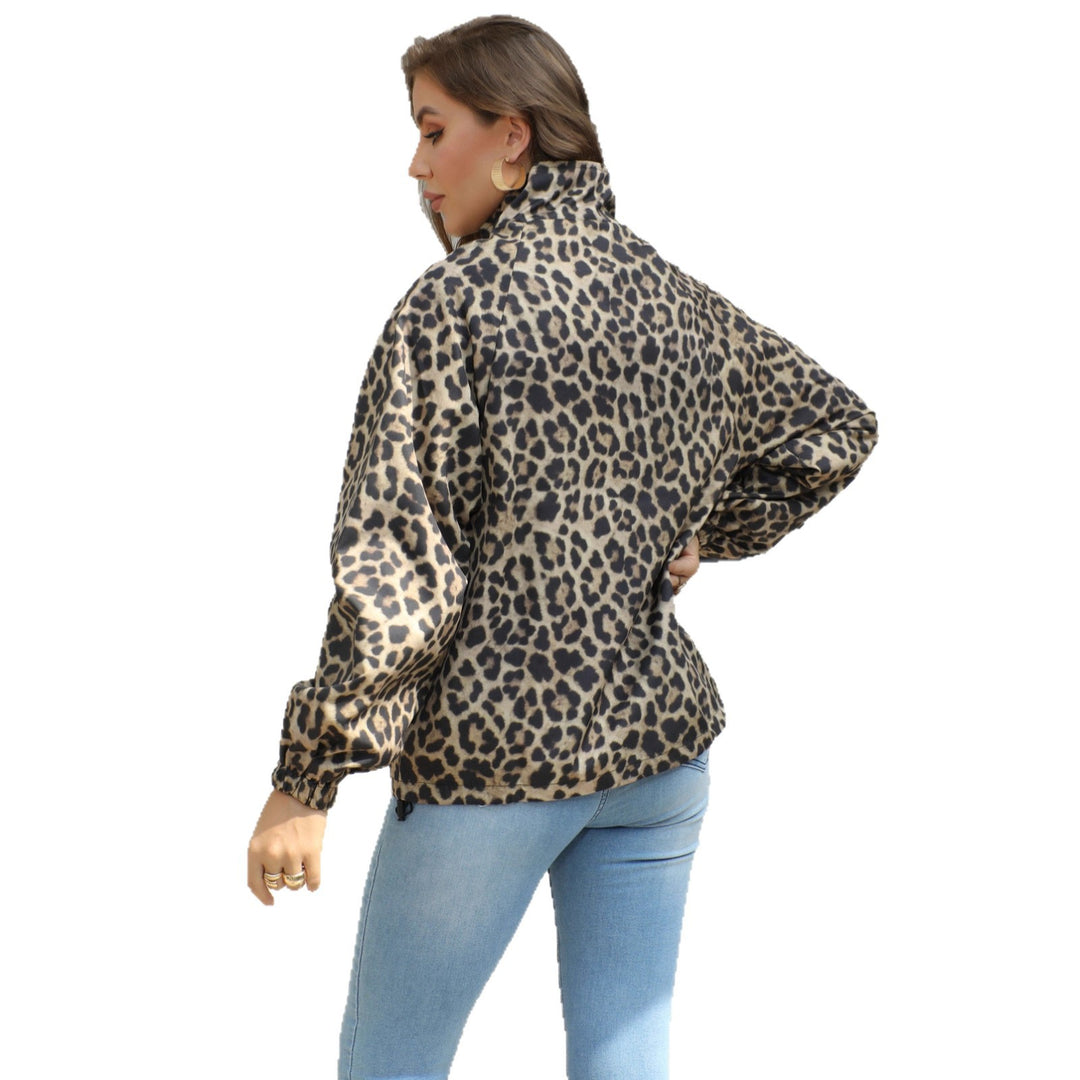 Women's Leopard Print Bomber Jacket with Stand-up Collar, Zipper and Elastic Mune Fashion