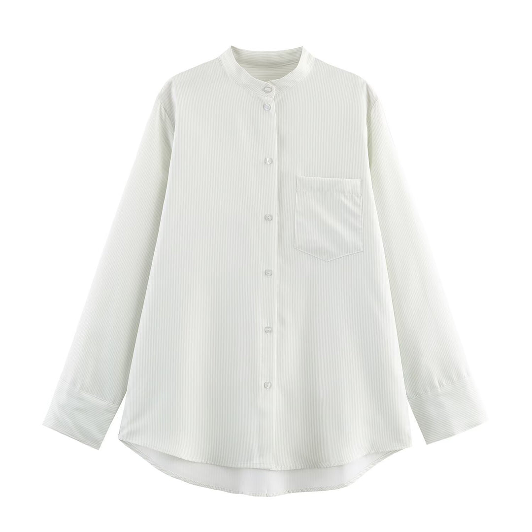 Women Oversize Shirt Blouse with Stand Collar, Chest Pocket and Curved Hem Mune Fashion