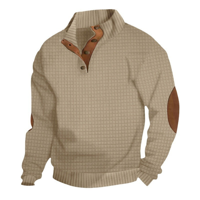Men's chunky knit turtleneck with cable pattern, stand-up collar and leather elbow patches Mune Fashion