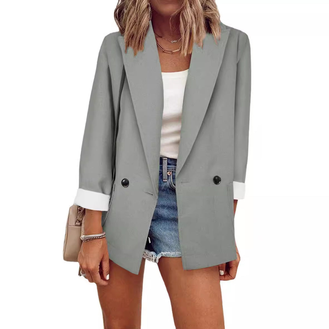 Women's Oversize Longline Blazer with 3/4 Sleeves, Contrast Lapel and Patch Pockets Mune Fashion