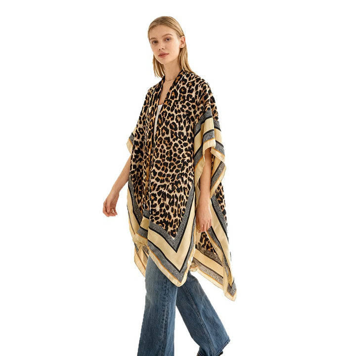 Women Oversized Kimono Wrap with Leopard Print and Wide Satin Border Mune Fashion