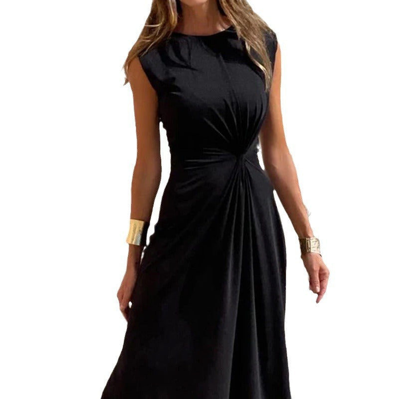 Women Elegant Maxi Dress with Gatherings and Round Neckline Mune Fashion
