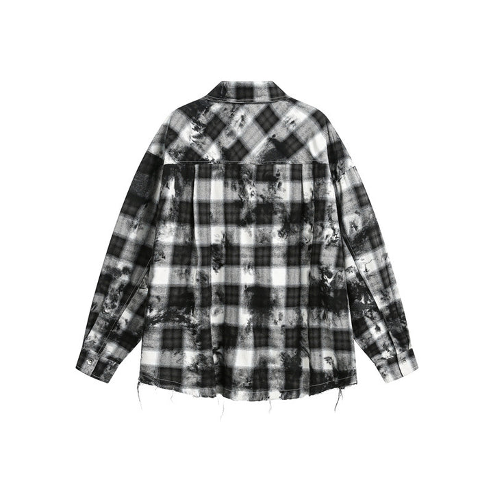 Men's Oversized Check Shirt Jacket with Frayed Hem and Chest Zip Pocket Mune Fashion
