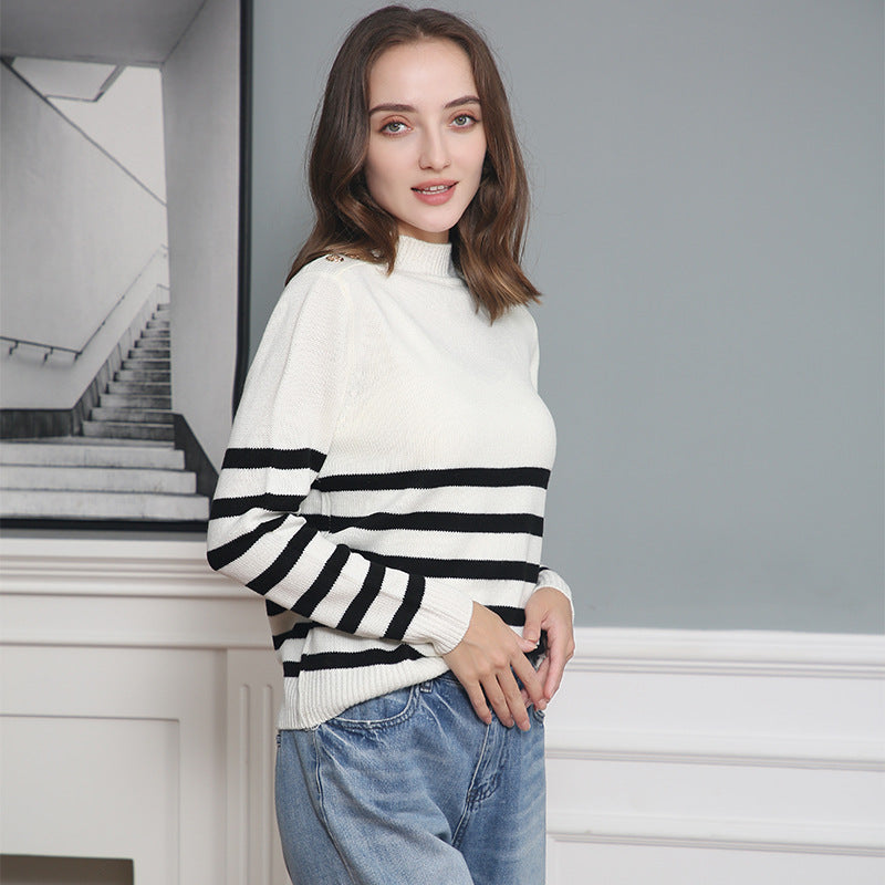 Women's Striped Turtleneck Sweater with Decorative Shoulder Buttons and Ribbed Cuffs Mune Fashion