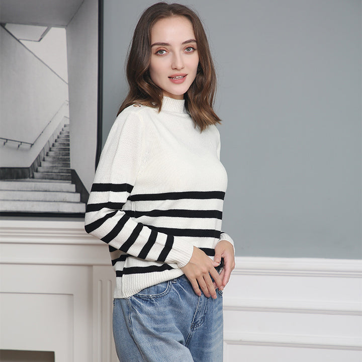 Women's Striped Turtleneck Sweater with Decorative Shoulder Buttons and Ribbed Cuffs Mune Fashion