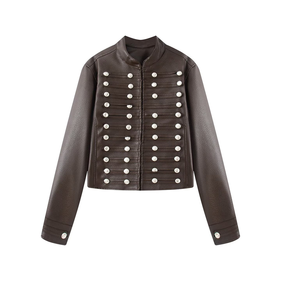 Women's short jacket in hussar style made of faux leather with decorative row buttons Mune Fashion