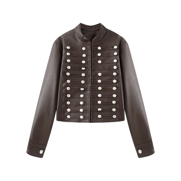 Women's short jacket in hussar style made of faux leather with decorative row buttons Mune Fashion