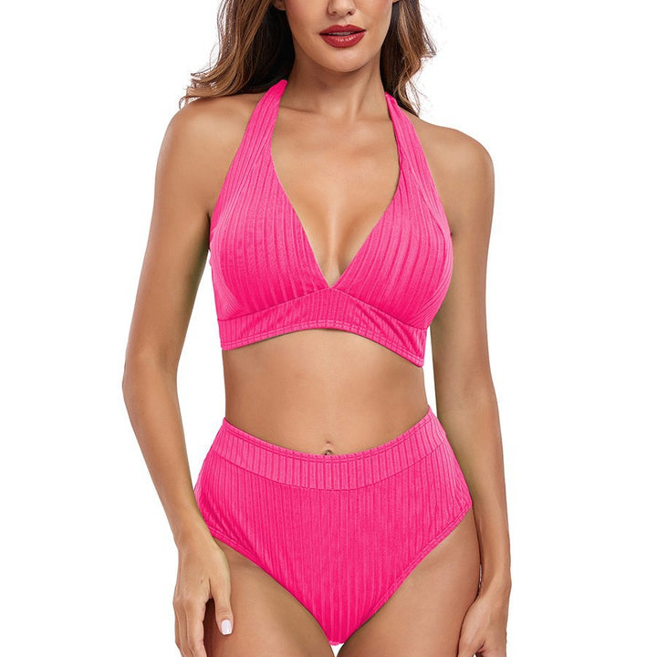 Women's High-Waisted Bikini with V-Neck and Ribbed Texture Mune Fashion