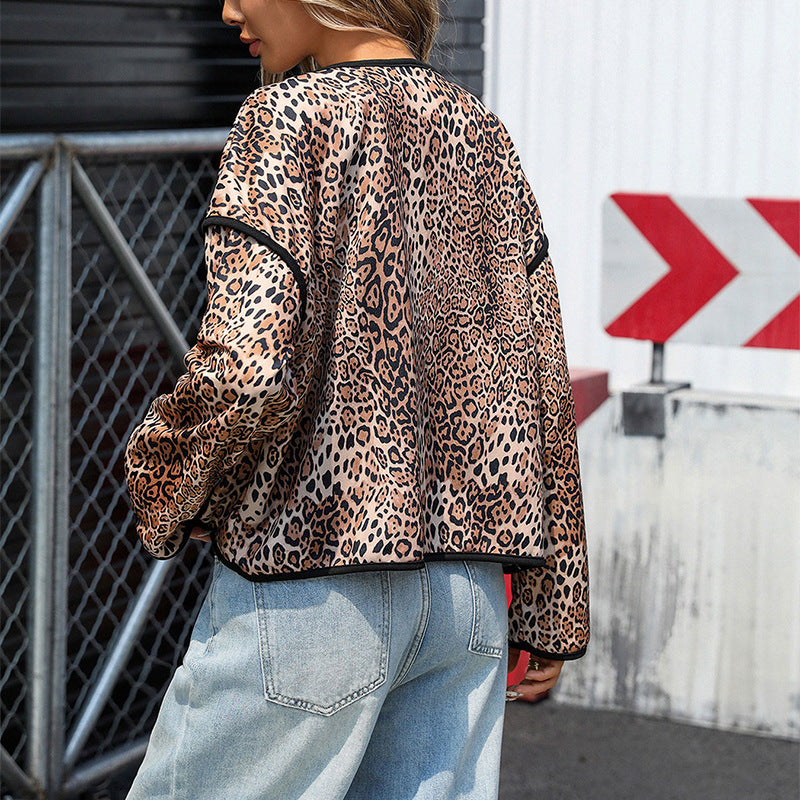 Women's Lightweight Leopard Print Blouson with Contrast Piping and Patch Pockets Mune Fashion
