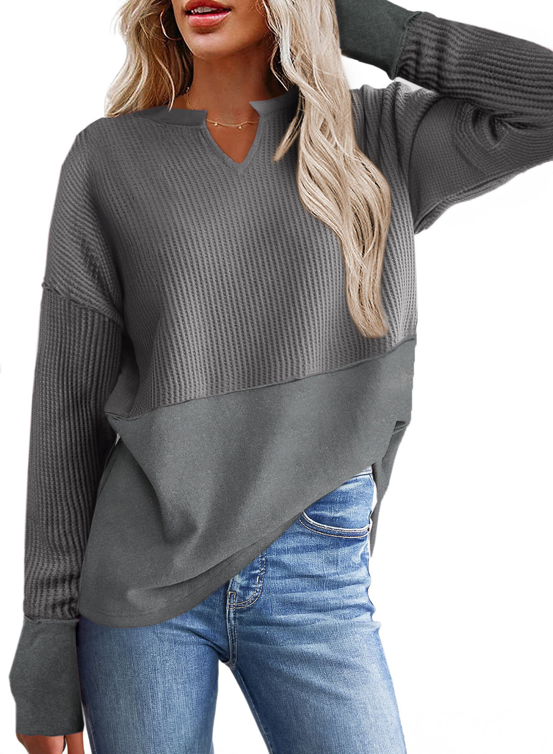 Women Oversized Sweater with Waffle Structure, V-Notch and Dropped Shoulder Mune Fashion
