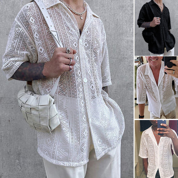 Women's light crocheted blouse with shirt collar and button placket Mune Fashion