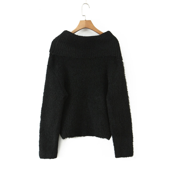 Women's Off-Shoulder Oversized Knit Sweater with Wide Folded Collar and Voluminous Sleeves Mune Fashion