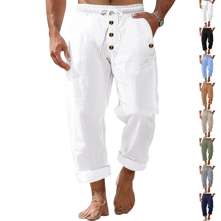 Men's casual linen-cotton pants with elastic waistband, drawstring, and rolled-up hem Mune Fashion