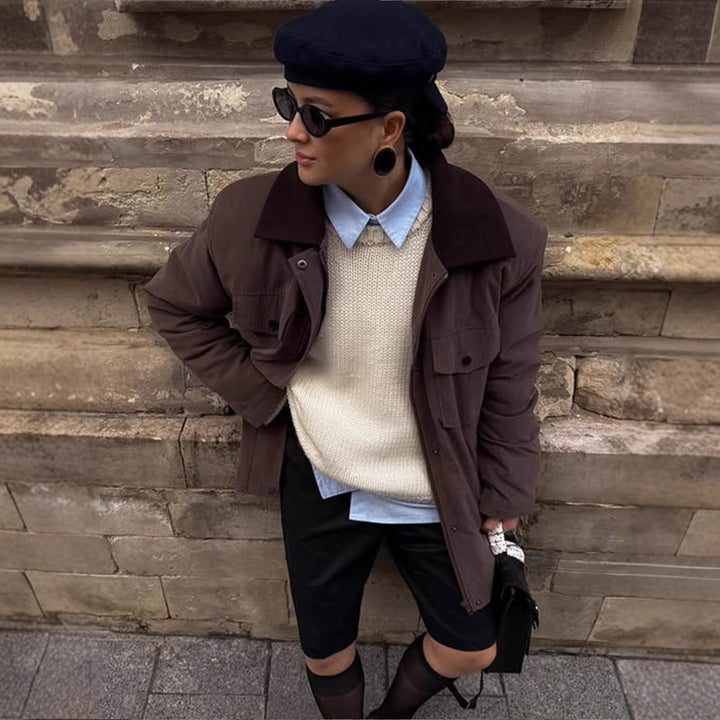 Women's Boxy Utility Short Coat with Contrast Collar and Patch Pockets Mune Fashion