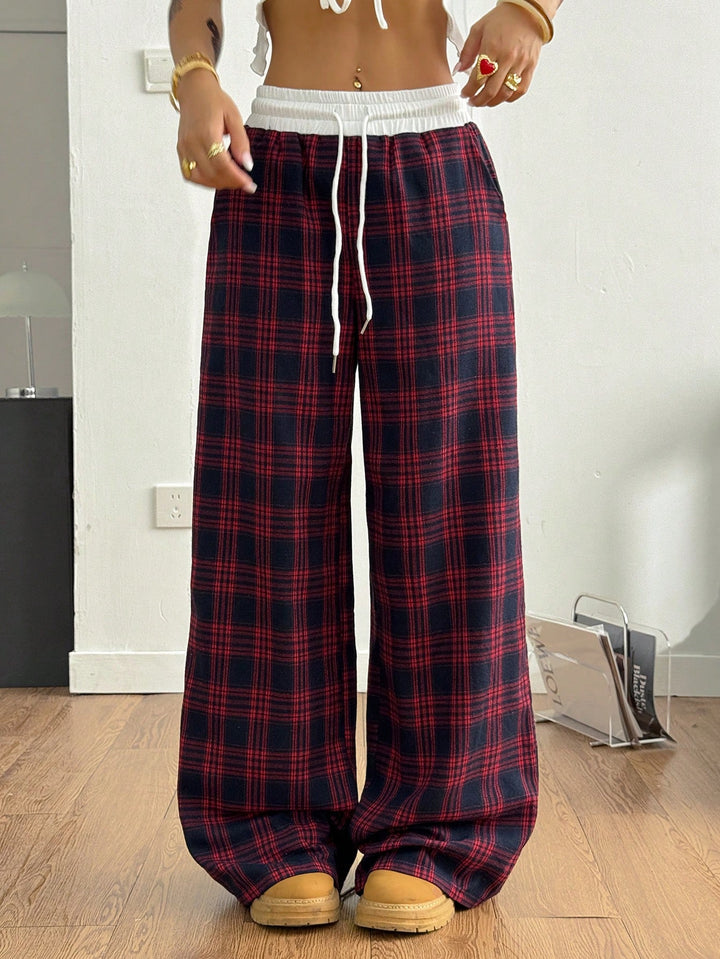 Women's wide plaid lounge pants with high elastic waistband and drawstring Mune Fashion
