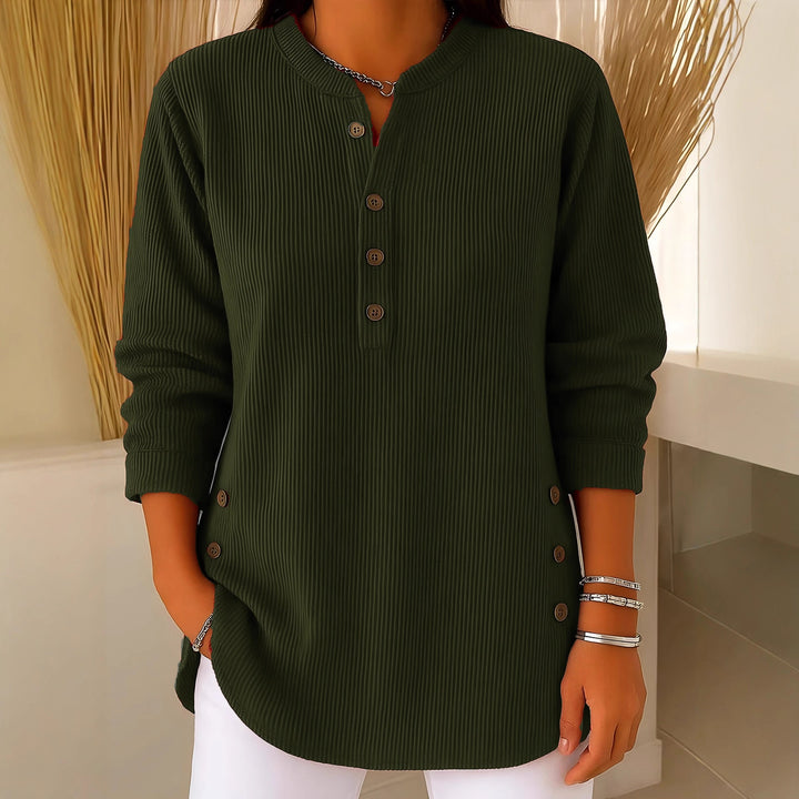 Women's plisse tunic blouse with stand-up collar, button placket and side decorative buttons Mune Fashion