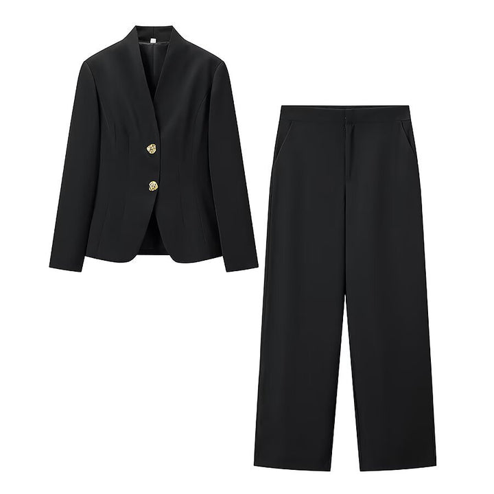 Ladies two-piece tailored blazer and high-waist trousers set with gold button detail Mune Fashion