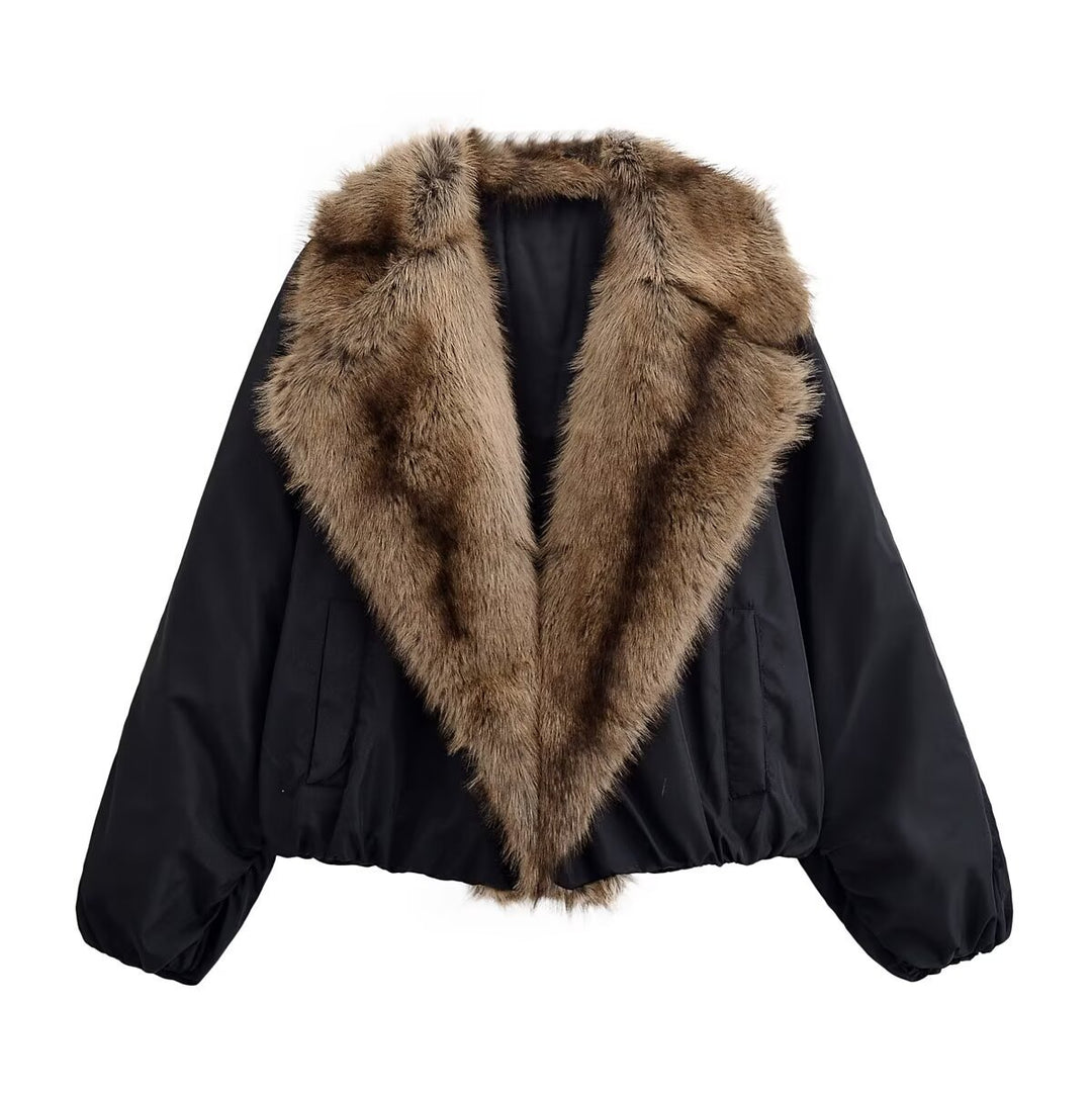 Ladies Short Quilted Bomber Jacket with Voluminous Faux Fur Shawl Collar Mune Fashion