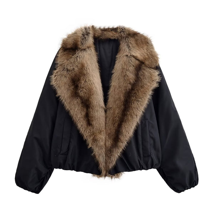 Ladies Short Quilted Bomber Jacket with Voluminous Faux Fur Shawl Collar Mune Fashion