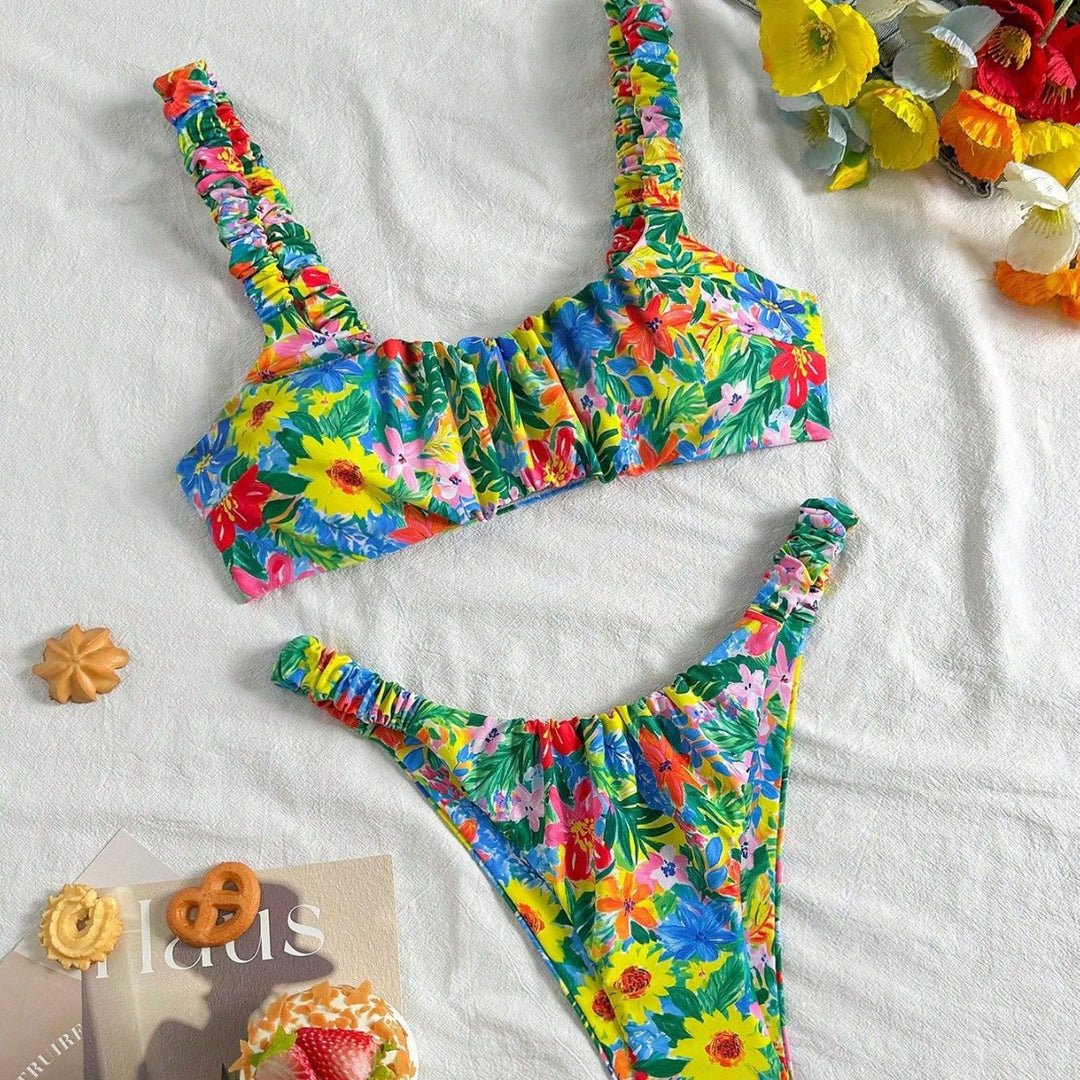 Women's Ultra-thin Floral Bikini with Elastic Ruffles Mune Fashion