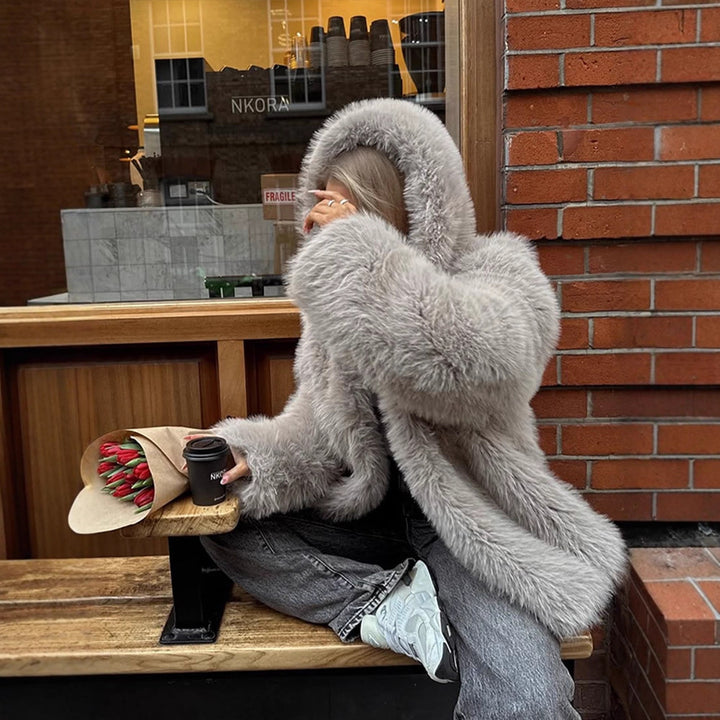 Women's Cozy Short Faux Fur Jacket with Extra Voluminous Hood Mune Fashion