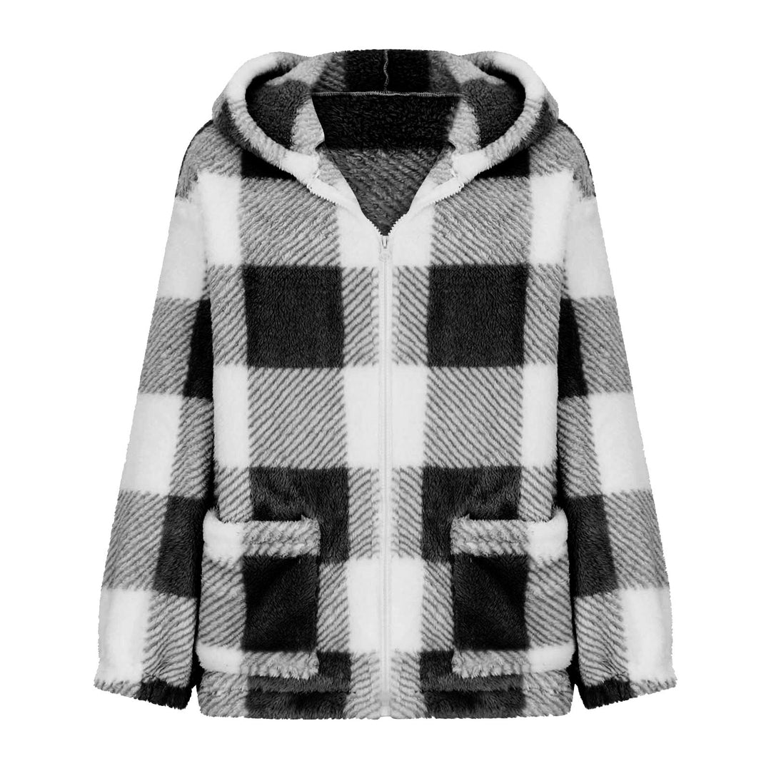 Women nan thick checkered teddy jacket with hood, front zipper and patch pockets Mune Fashion