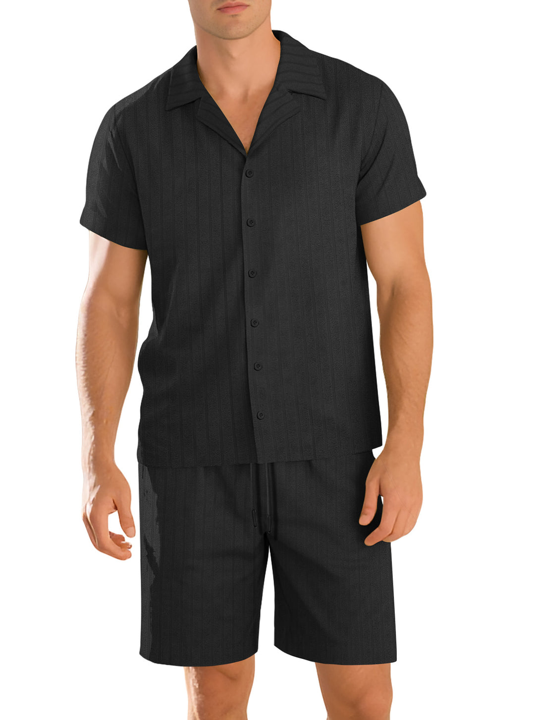 Men's ribbed knit lounge set with lapel collar short-sleeve shirt and comfort bermuda Mune Fashion