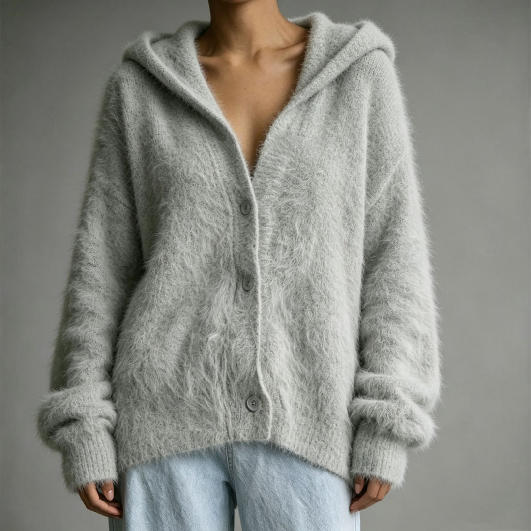 Women's Fluffy Hooded Cardigan in Mohair Look with Button Placket Mune Fashion