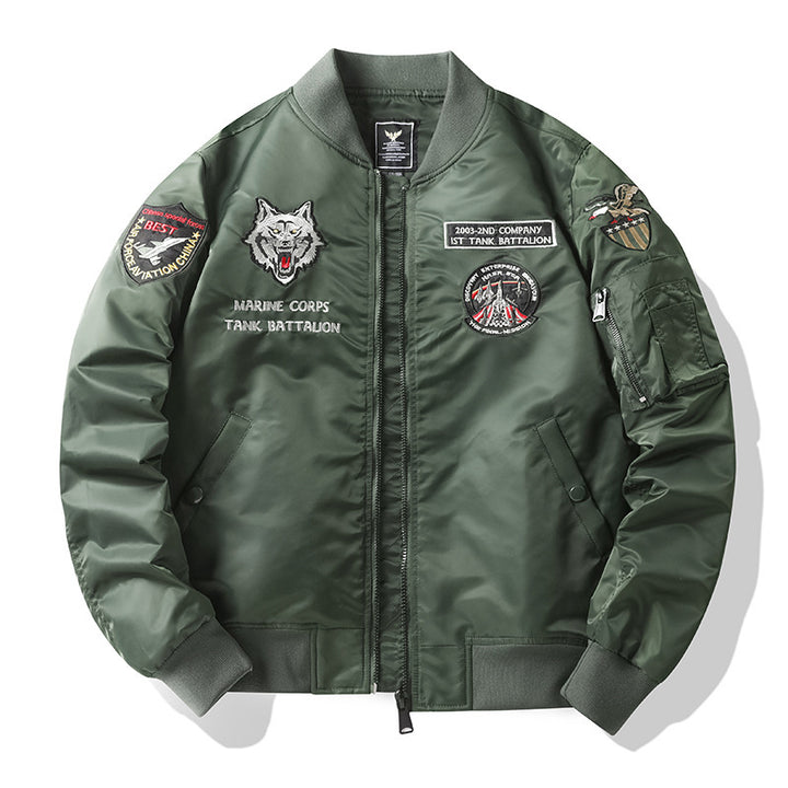 Men's pilot bomber jacket in flight style with embroidered tank motif and sleeve pocket Mune Fashion