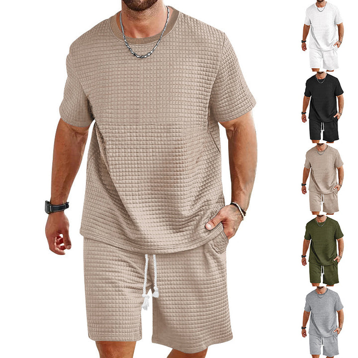 Men's light leisure two-piece set in waffle structure with round neck T-shirt and comfortable shorts Mune Fashion
