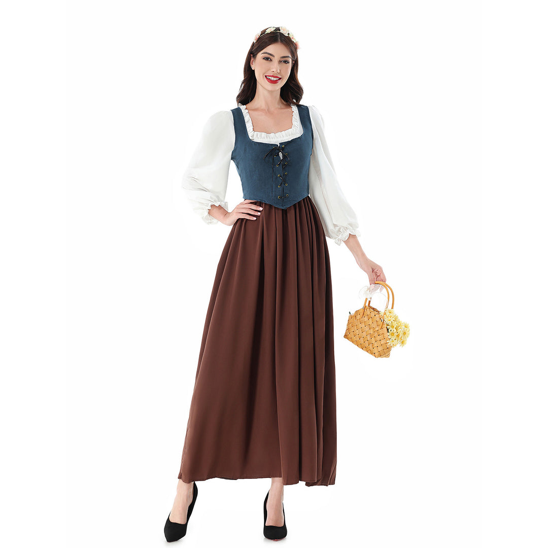 Women's nan historical medieval dress with laced bodice, ruffled blouse, and wide maxi skirt Mune Fashion