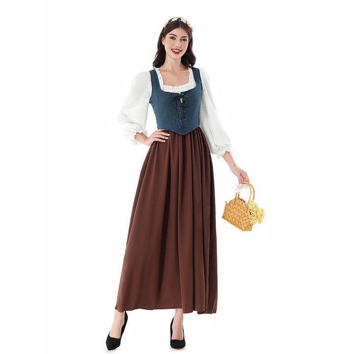 Women's nan historical medieval dress with laced bodice, ruffled blouse, and wide maxi skirt Mune Fashion