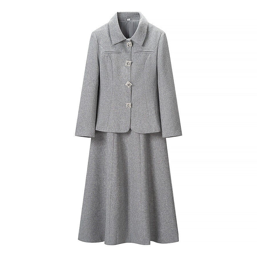 Women's Two-Piece Boucle Set Tailored Peplum Blazer and A-Line Midi Skirt Mune Fashion