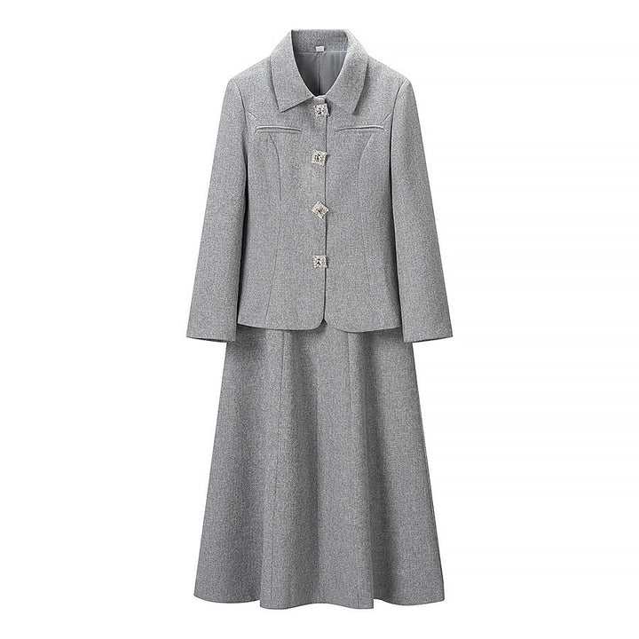 Women's Two-Piece Boucle Set Tailored Peplum Blazer and A-Line Midi Skirt Mune Fashion