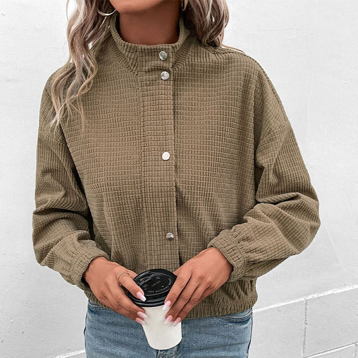 Women's Short-Cut Waffle Structure Transition Jacket with Zipper, Stand Collar and Elastic Cuffs Mune Fashion
